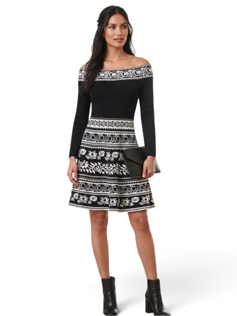 ELIZA J Black and White Patterned Off-the-Shoulder Knit Dress PM